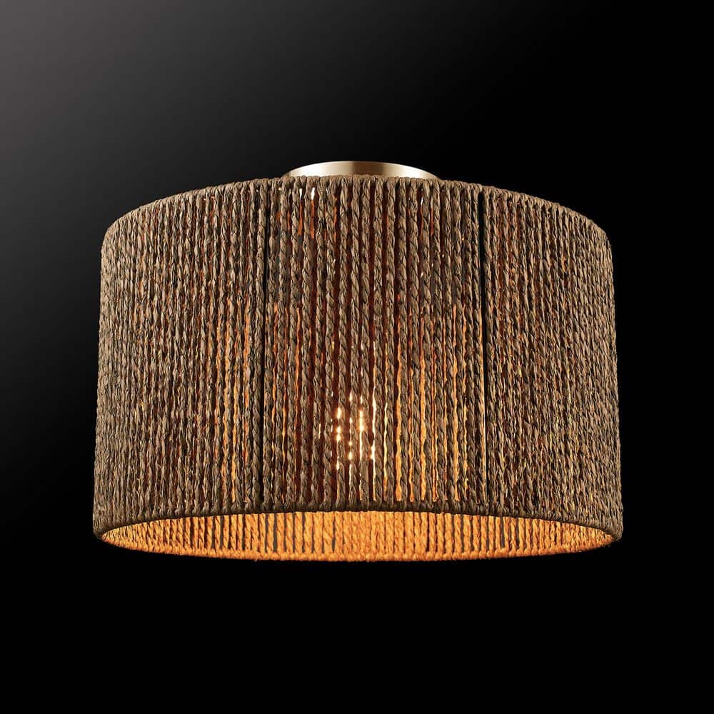 14 in. 1-Light Matte Brass Semi-Flush Mount Ceiling Light with Paper Twine Shade