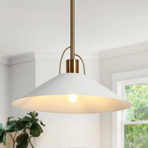 Modern Coastal Pendant Light 1 - Light Matte White Island Hanging Ceiling Light with Geometric Bell Shade and Brass Accent - Stu's Home Improvement Outlet
