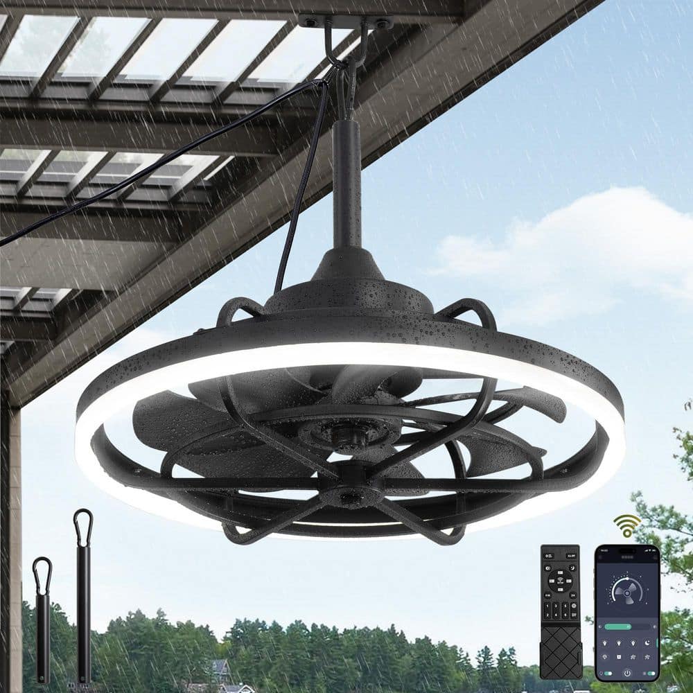 20 in. Smart Outdoor Black Waterproof Caged Ceiling Fan with LED,Remote/APP Control, 6-Speeds, 3-CCT,Downrod Mount