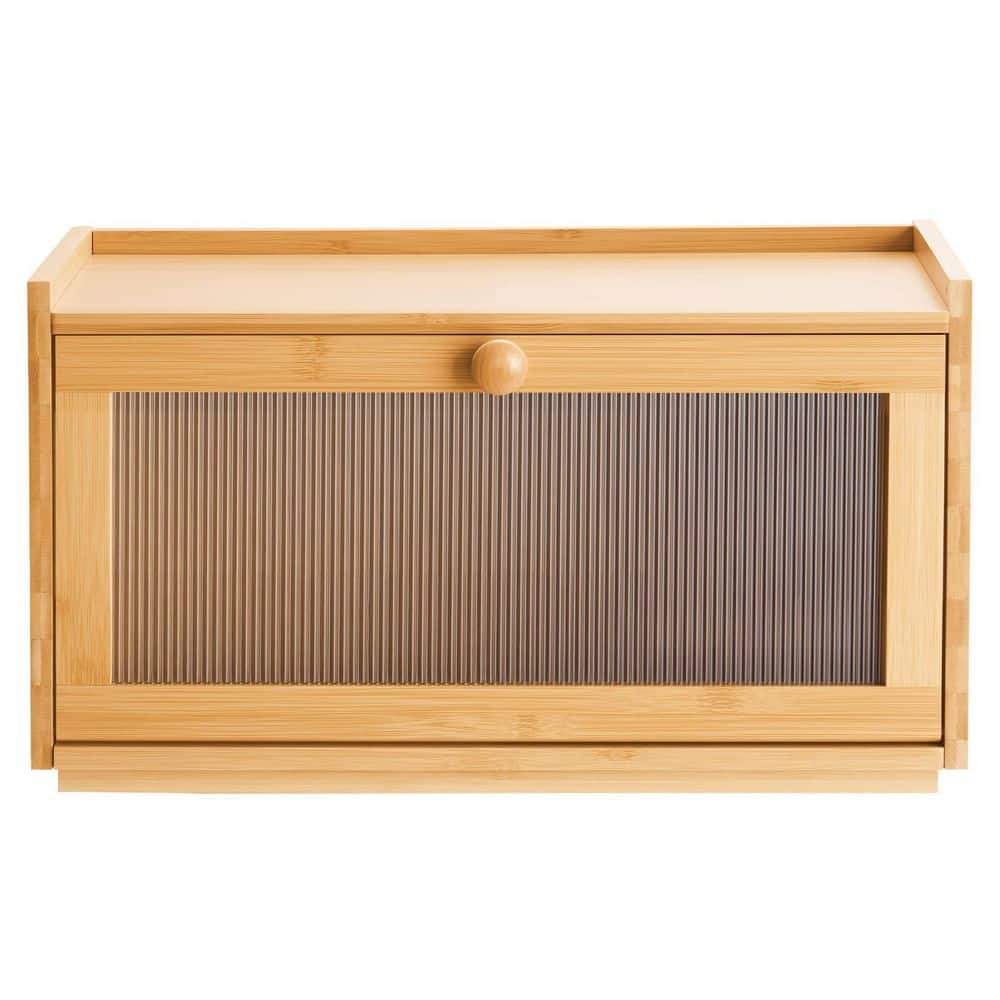 Large Bamboo Bread Box for Kitchen Counter, Farmhouse Bread Storage Bin w/ Acrylic Door, Natural Wood Organizer