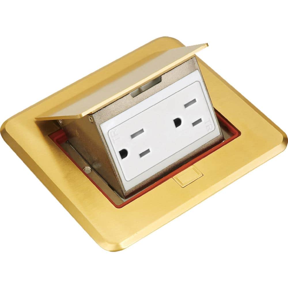 NEWHOUSE ELECTRIC Pop-Up Floor Outlet, Electrical Box for Wood Sub-Flooring with 15 Amp TR Duplex Receptacle, Brass