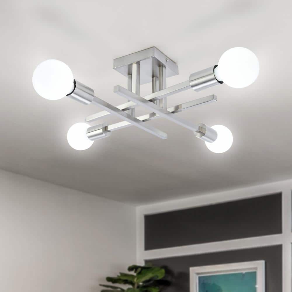 18.11 in. 4-Light Nickel Dimmable Sputnik Linear Chandelier Semi Flush Mount Chandelier for Living Dining Room Foyer