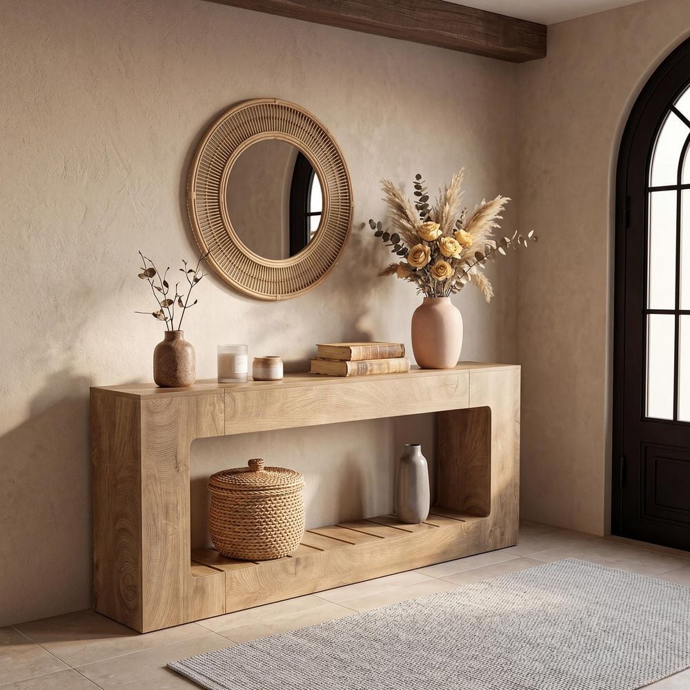 BYBLIGHT Turrella 78.74 in. Oak Brown Rectangle Extra Long Entryway Table with Open Shelf, MDF Modern Minimalist Console Table