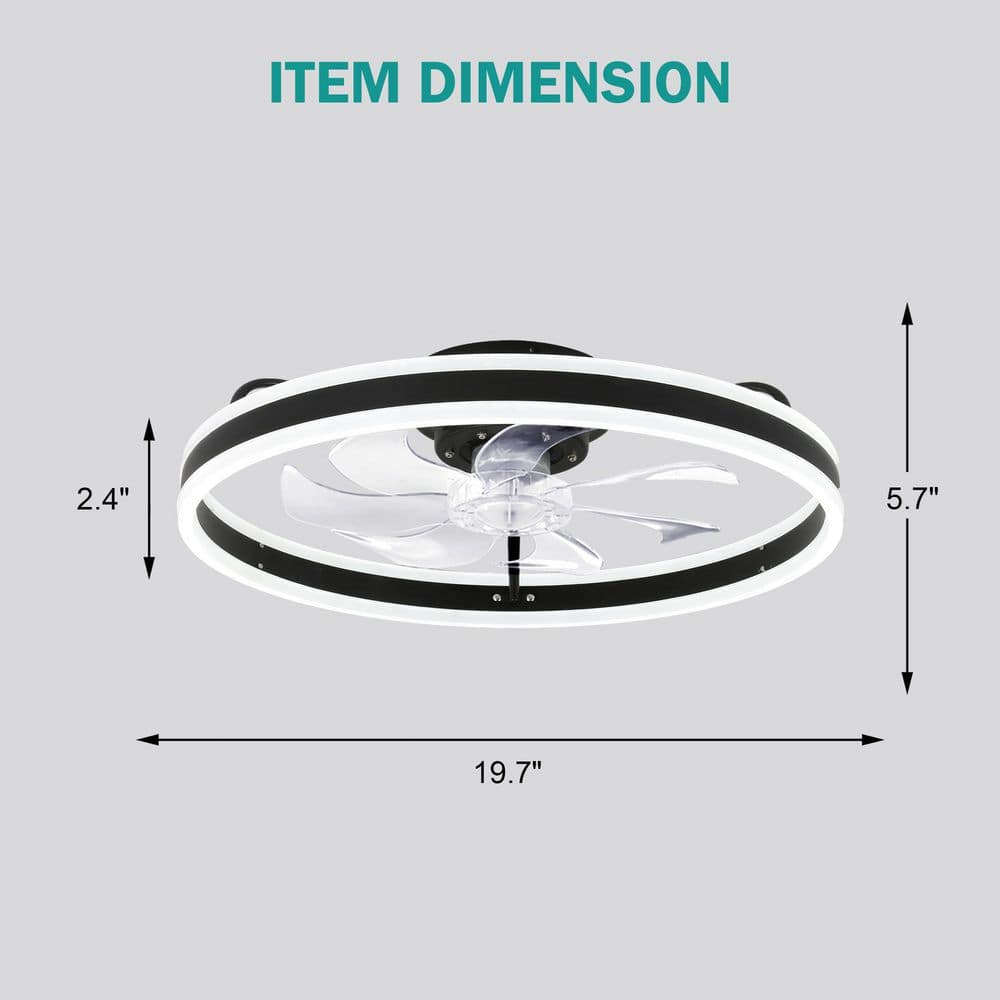 20in. LED Indoor Black Bladeless Low Profile Ceiling Fan Flush Mount Smart App Remote Control Dimmable Lighting