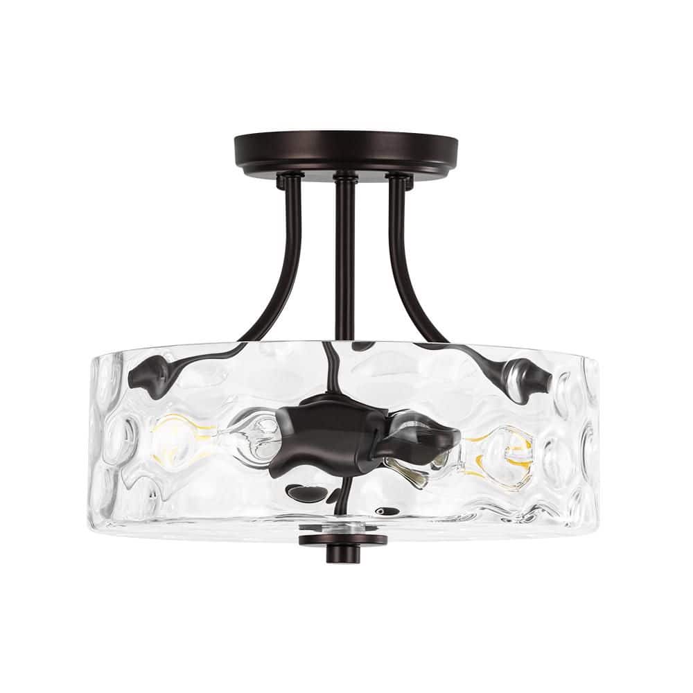 Lumin 2-Light 11.8 in.W Oil Rubbed Bronze Semi Flush Mount Modern Drum with Hammered Water Glass for Kitchen/Hallway
