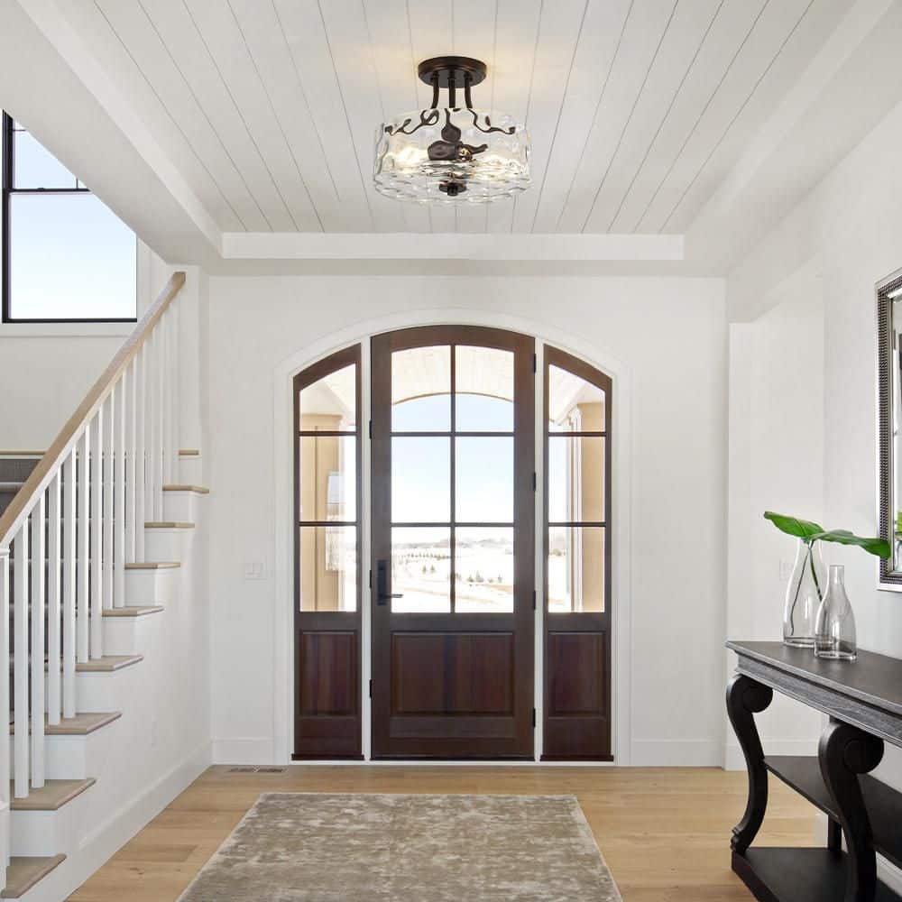 Lumin 2-Light 11.8 in.W Oil Rubbed Bronze Semi Flush Mount Modern Drum with Hammered Water Glass for Kitchen/Hallway