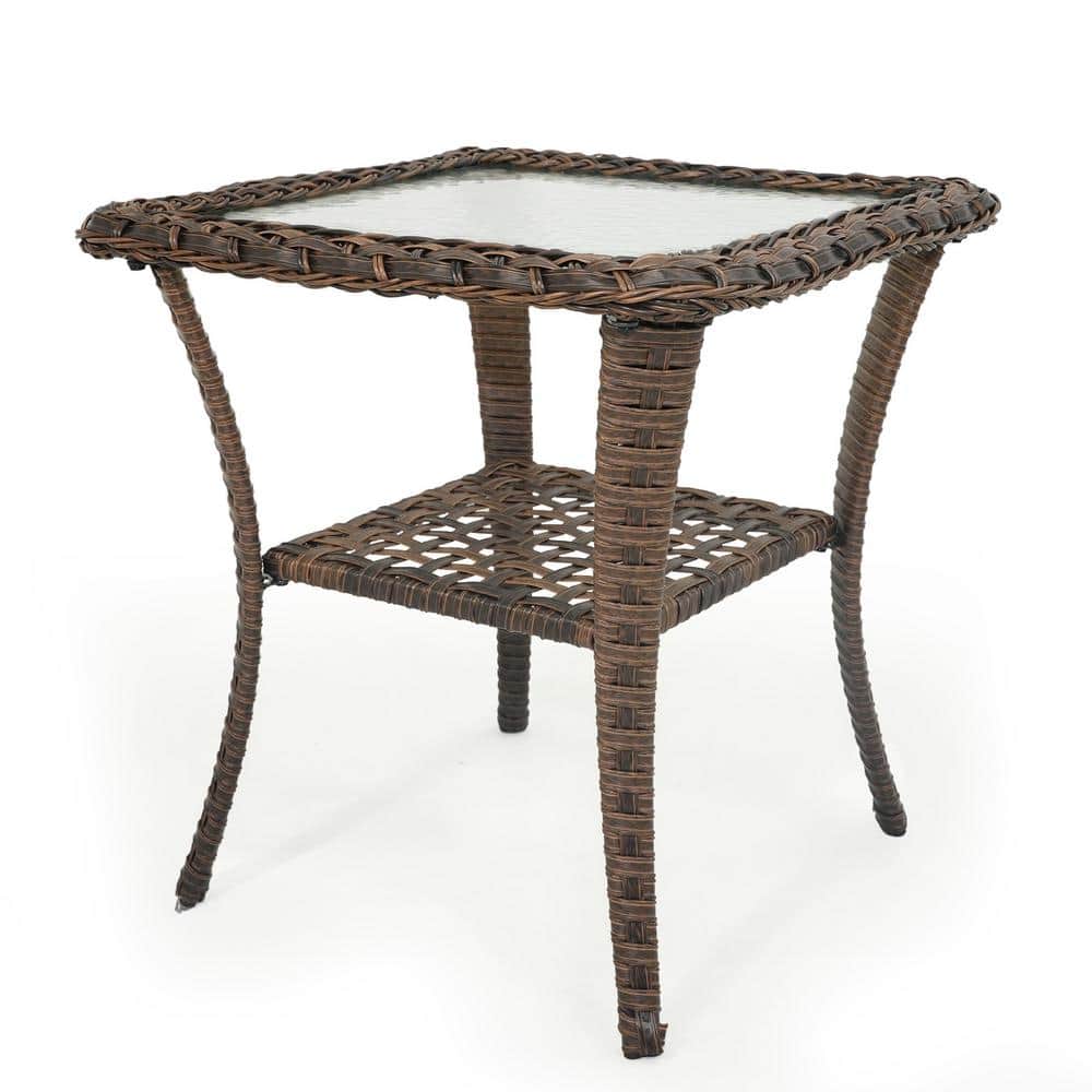 PlainCurve Brown Square Wicker Outdoor Side Table with Tempered Glass Top and Lower Wicker Storage Shelf