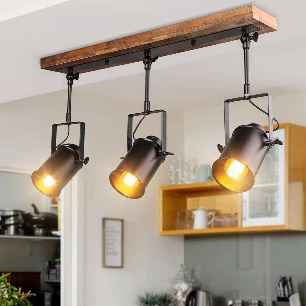 Farmhouse 2 ft. 3-Light Texture Black Spotlights Track Lighting Kit Wood Canopy