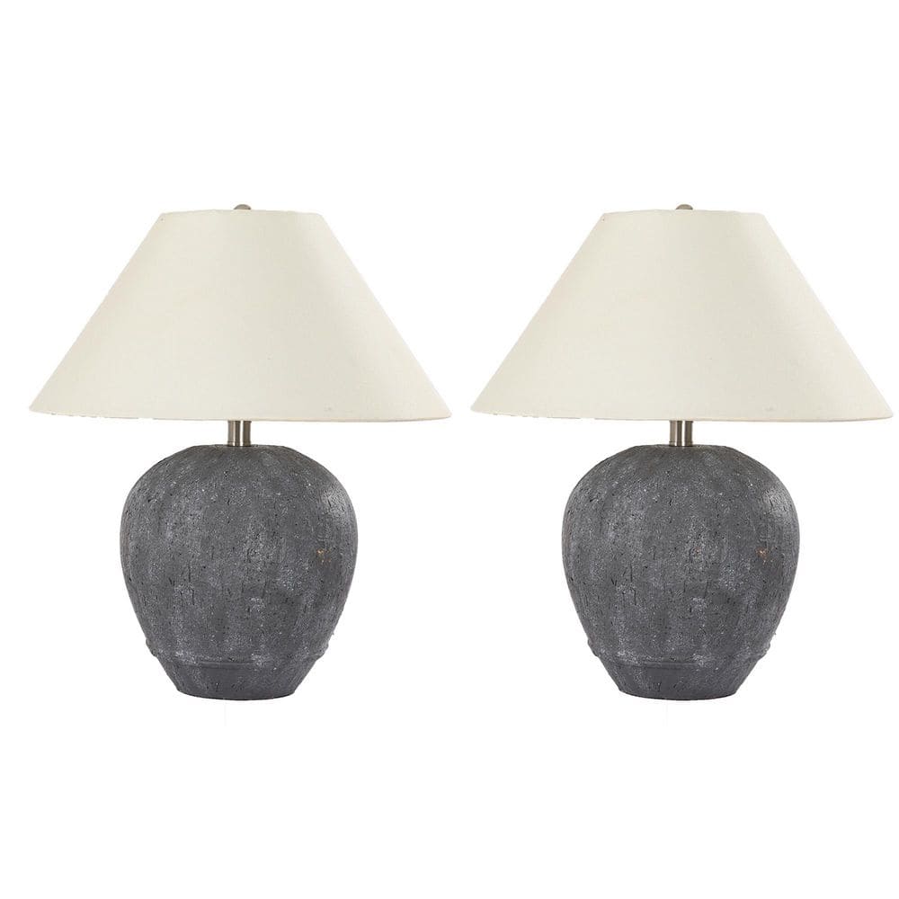 21.65 in. Dark Gray Ceramic Table Lamp Set and with White Fabric Bell Shade (Set of 2) - Stu's Home Improvement Outlet
