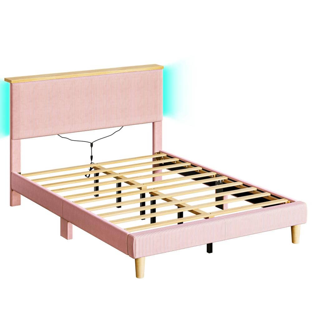 Pink Wood Frame Queen Velvet Upholstered Platform Bed Frame with Storage Headboard and LED Lights