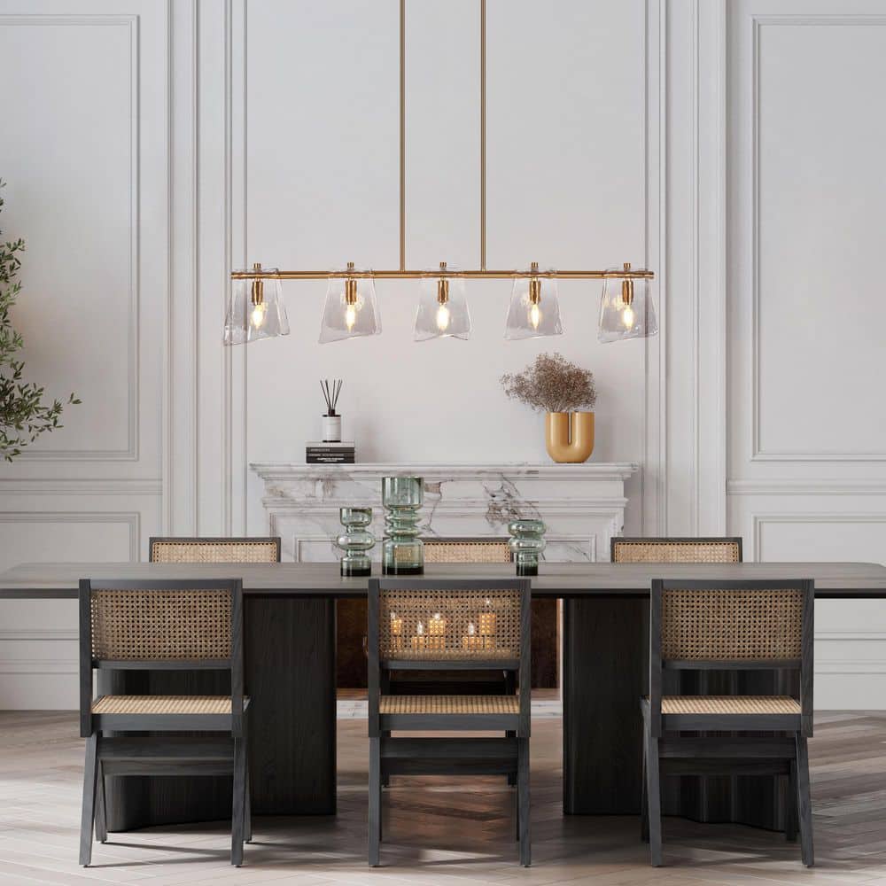 41.5 in. 5 - Light Plated Brass Linear Island Chandelier with Geometric Gray Glass, Modern Dining Room Kitchen Pendant - Stu's Home Improvement Outlet