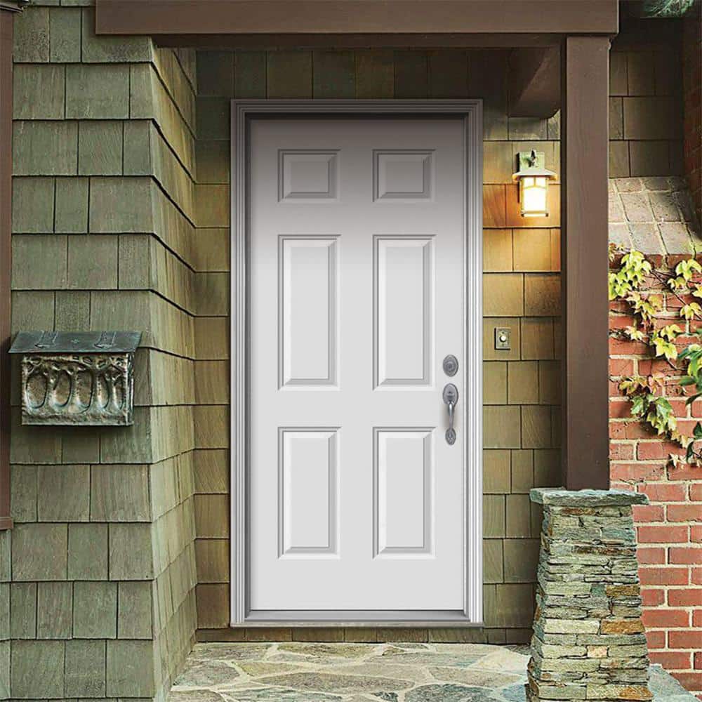 32 in. x 80 in. 6-Panel Primed Steel Prehung Left-Hand Inswing Front Door w/Brickmould