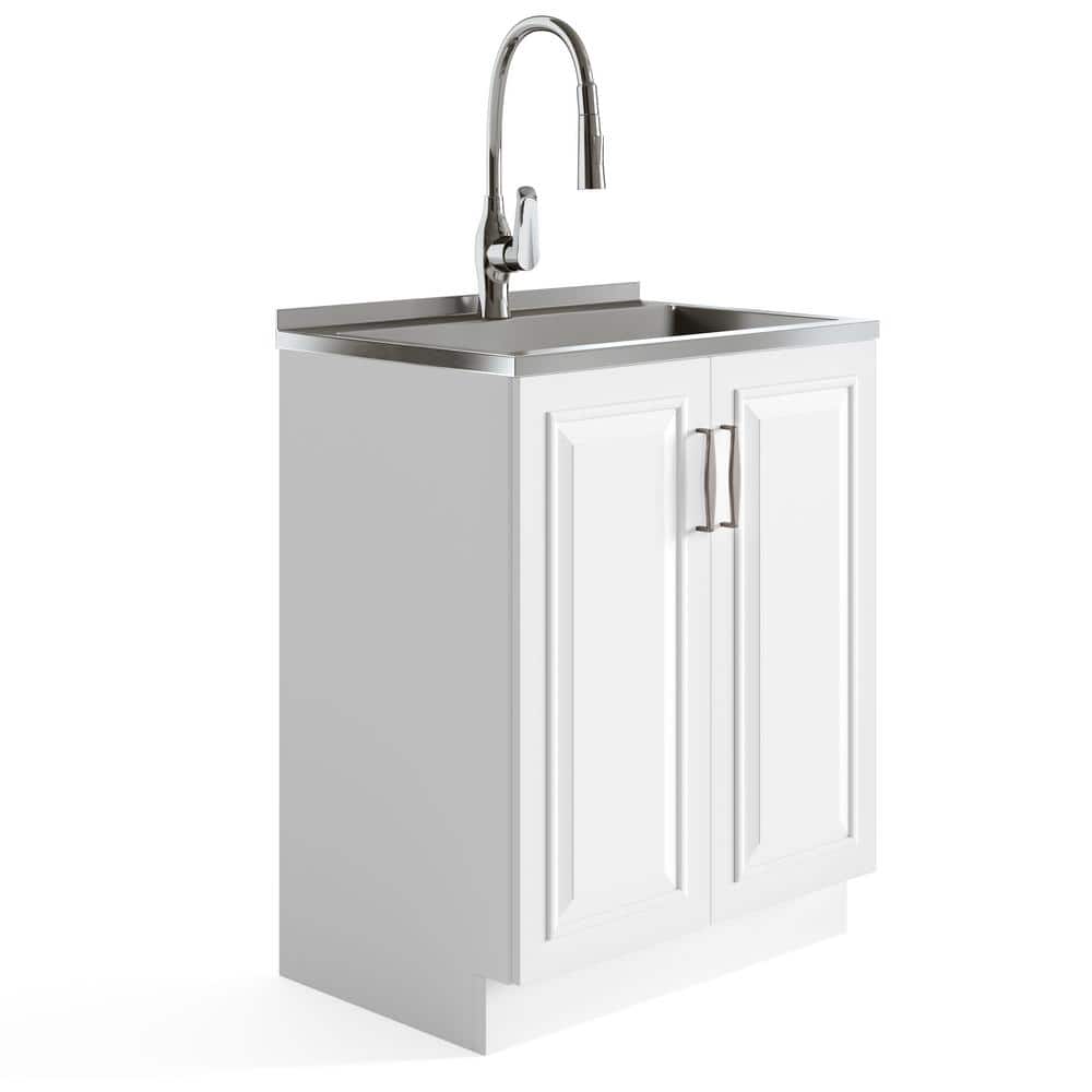 Darwin Contemporary 28 in. Deluxe Laundry Cabinet with Pull-out Faucet and Stainless Steel Sink in Pure White