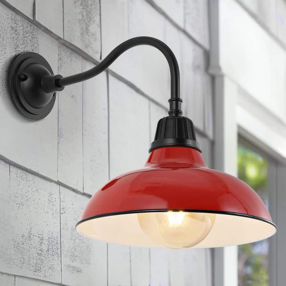 JONATHAN Y Aurora 12.25 in. Red 1 - Light Farmhouse Industrial Indoor/Outdoor Iron LED Gooseneck Arm Outdoor Sconce - Stu's Home Improvement Outlet