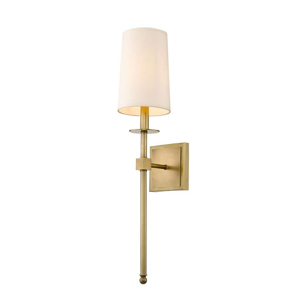 1-Light Rubbed Brass Wall Sconce with Beige Parchment Paper Shade