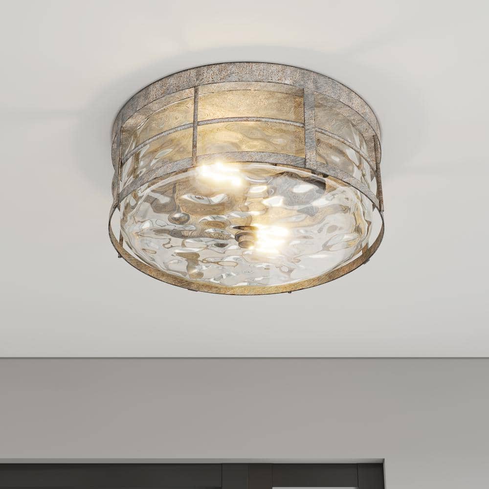 12.99 in. 2 - Light Industrial Rustic Flush Mount Ceiling Light Fixture with Glass Shade - Stu's Home Improvement Outlet