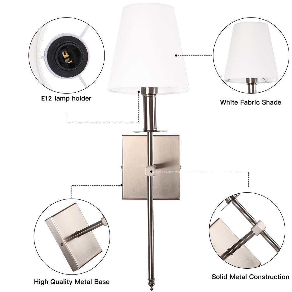 1-Light Satin Nickel Wall Sconce with White Fabric Shade(2-Pack)