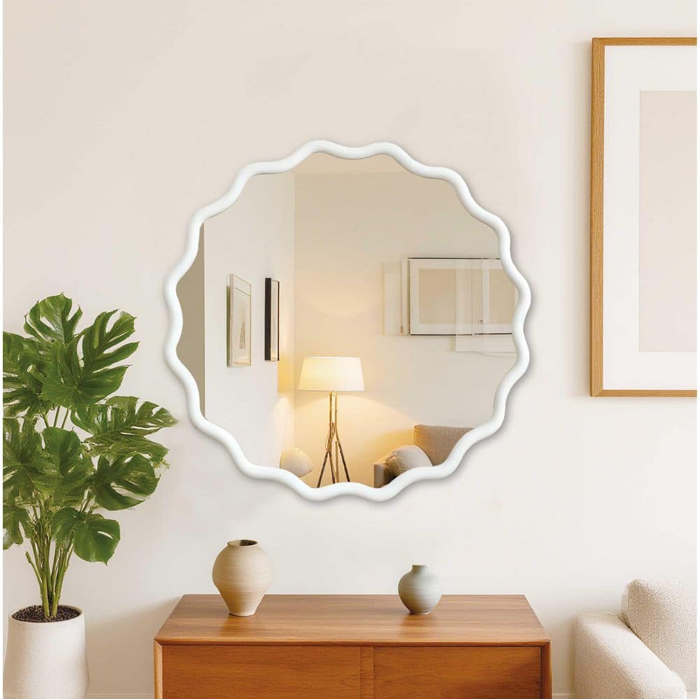 Seafuloy White 36 in. W x 36 in. H Wavy Round Solid Wood Framed Mirror for Bathroom Vanity Living Room Entryway Decor