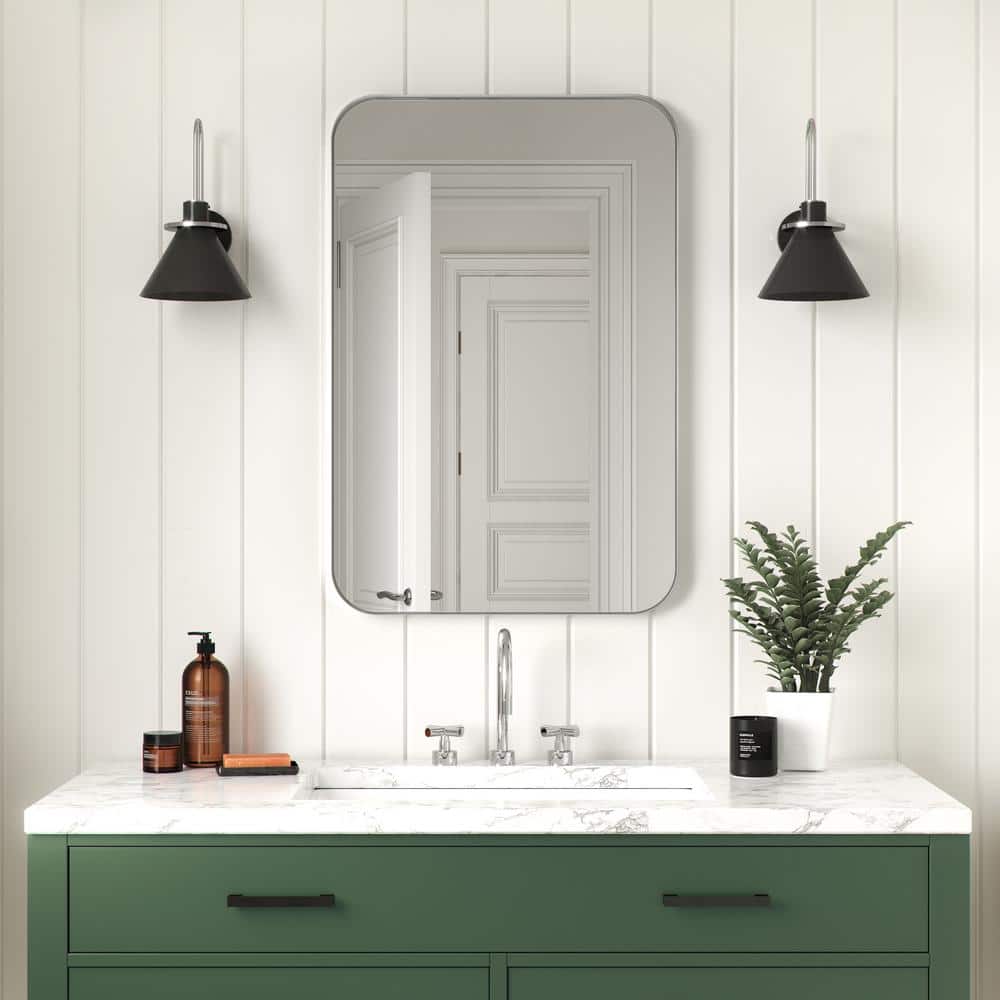 24 in. x 36 in. Metal Framed Rounded Rectangle Bathroom Vanity Mirror in Silver