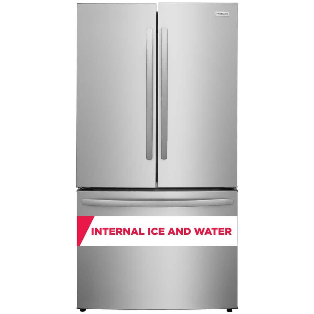 Silver stainless steel refrigerator with double doors and a bottom freezer. Internal ice and water feature.
