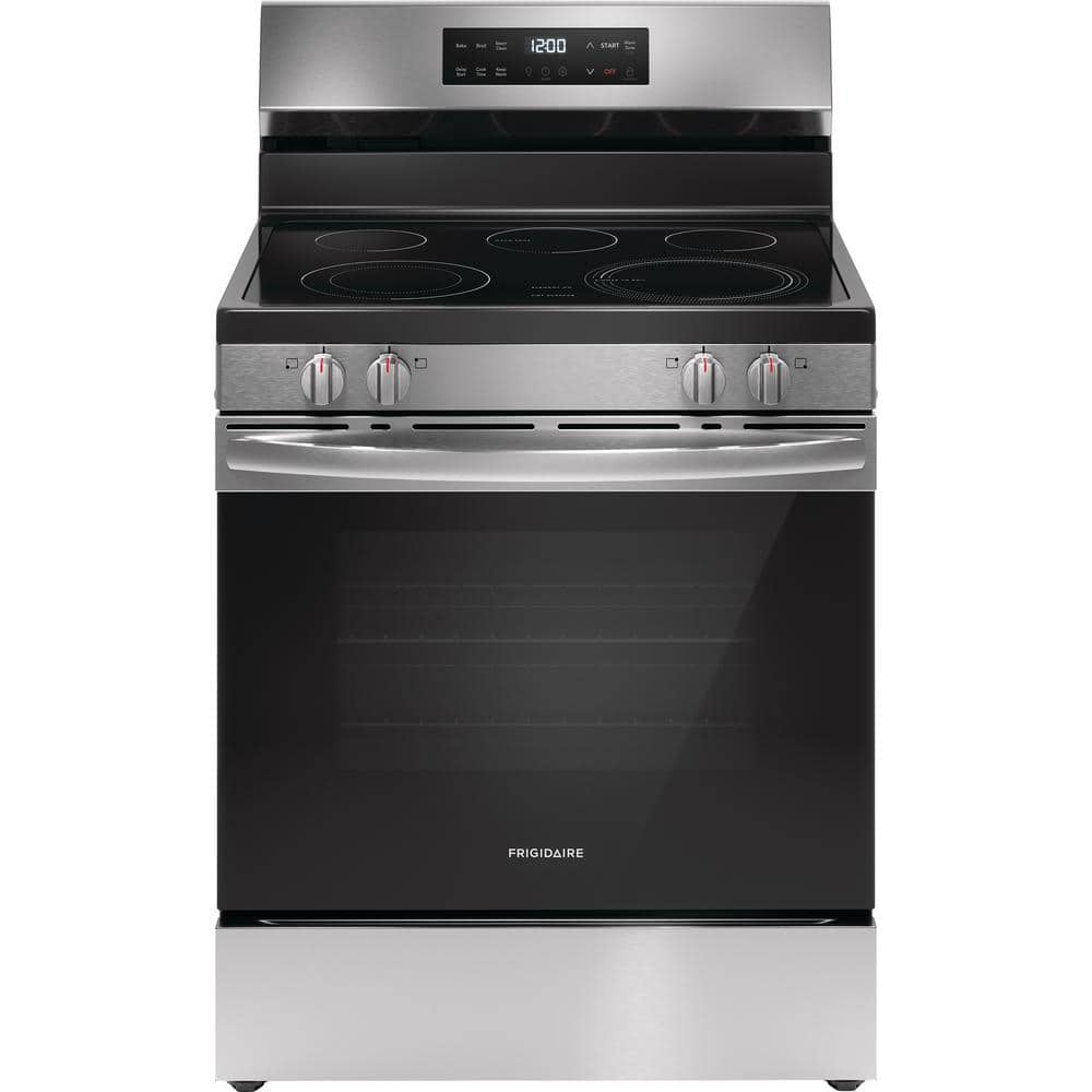 Frigidaire 30 in. 5 Burner Element Freestanding Electric Range in Stainless Steel with EvenTemp and Steam Clean (FCRE3062AS)