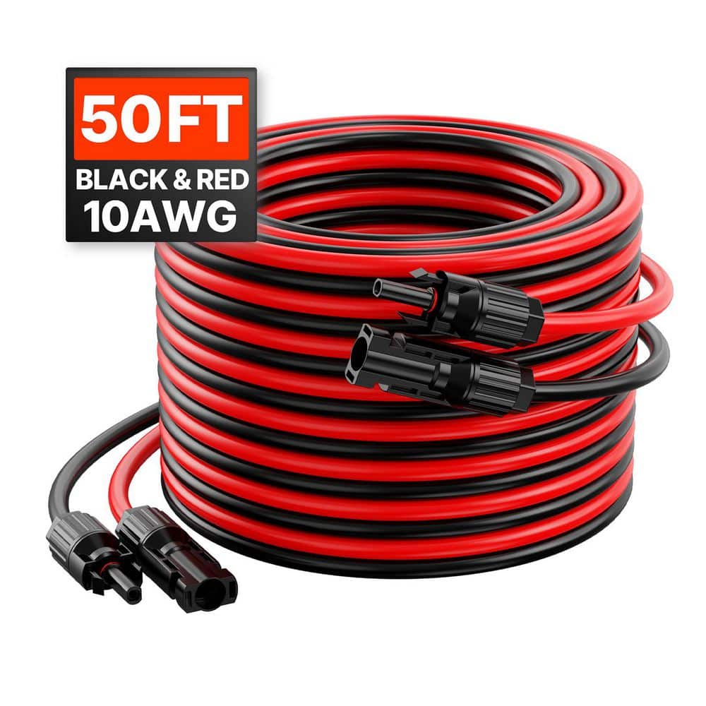 Solar Panel Extension 50FT. Cable, Cable in Black and Red, 10AWG PV Wire with Waterproof Connectors, 6 sq. mm, 2 Pack - Stu's Home Improvement Outlet
