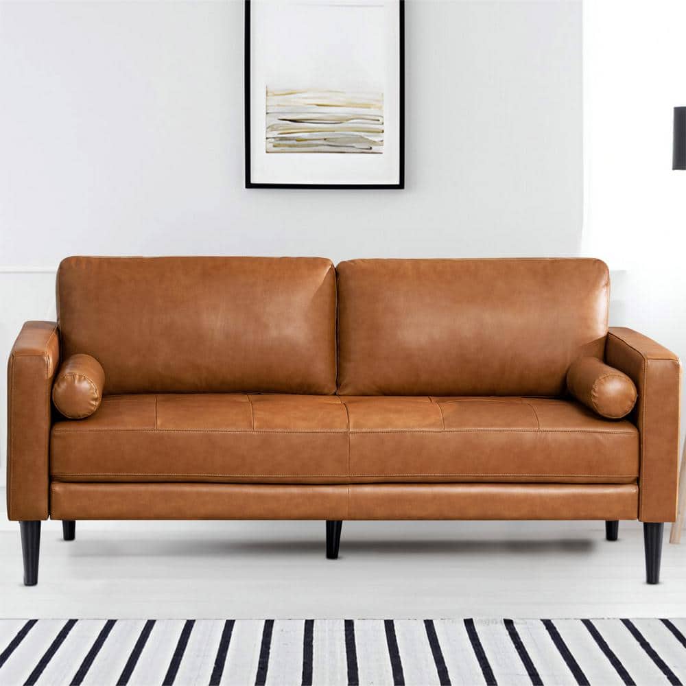 74.5 in. W Square Arm Leather Rectangle Leather Mid - Century Sofa in Tan Brown for Living Room - Stu's Home Improvement Outlet
