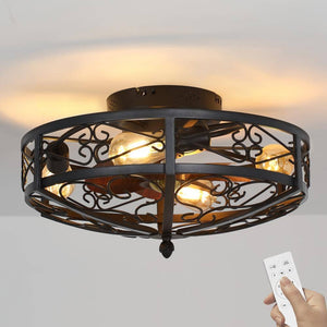 19.6 in. Indoor Black 4 - Light Wood Modern Industrial Metal Flush Mount Cage Ceiling Fan with Light Fixture with Remote - Stu's Home Improvement Outlet