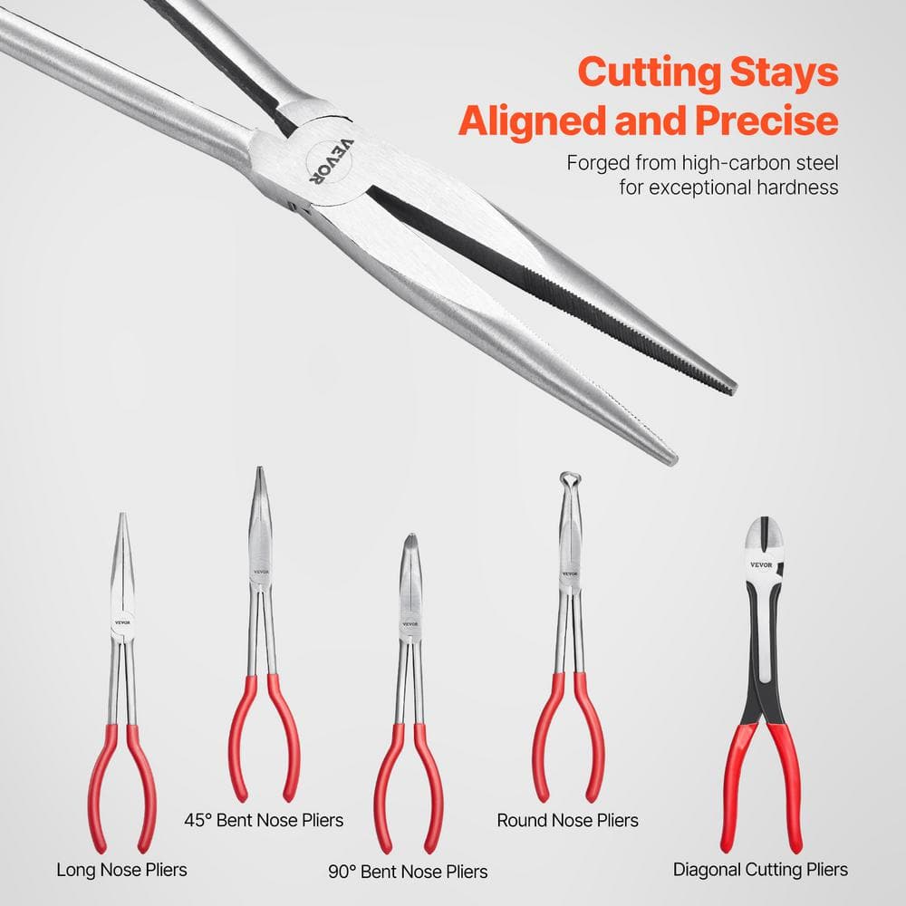 5-Piece Needle Nose Pliers, 11 in Long Needle Nose Pliers Set, Diagonal Cutting Pliers, 45°/ 90° Bent Nose Plier