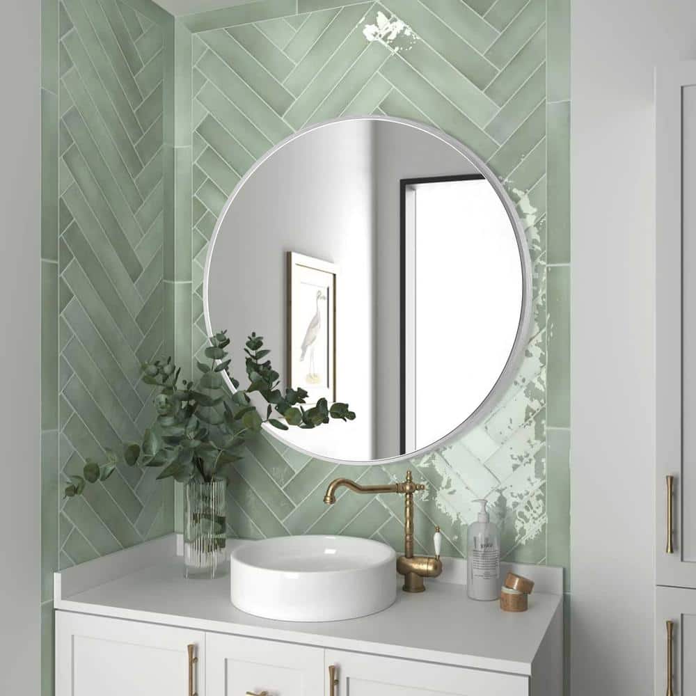 24 in. W x 24 in. H Silver Vanity Round Wall Mirror Aluminum Alloy Frame Bathroom Mirror