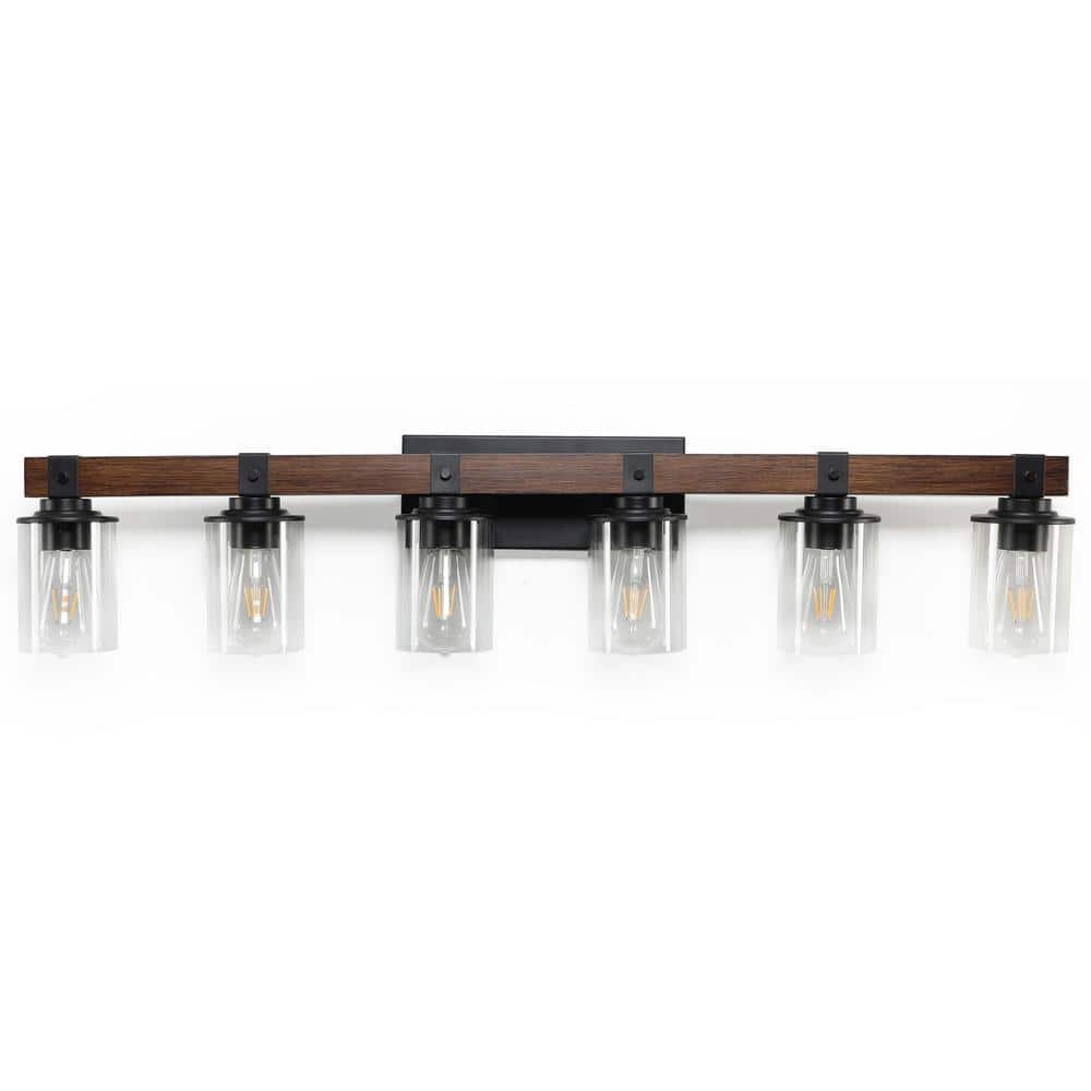 Farmhouse 42.3 in. 6 - Light Walnut and Black Bathroom Vanity Light with Glass Shade - Stu's Home Improvement Outlet