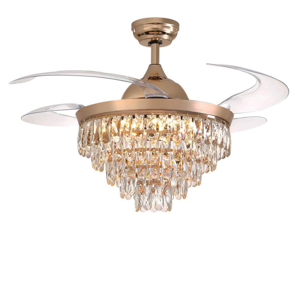 48 in. Modern Indoor Gold Retractable Crystal Ceiling Fan with light and Remote, Chandelier Ceiling fan Downrod Mount - Stu's Home Improvement Outlet