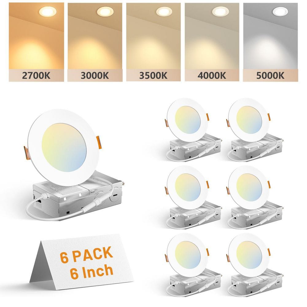4 in. Adjustable 5CCT 6-Pack Canless LED Recessed Ceiling Light 1050 LM Brightness Dimmable 12W
