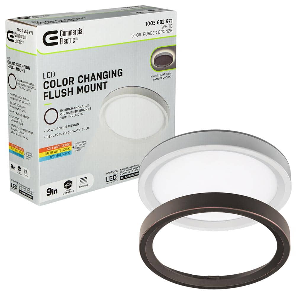 Commercial Electric 9 in. White, Oil Rubbed Bronze Trims 800 Lumens LED Flush Mount Ceiling Light Fixture with Night Light Adjustable CCT - Stu's Home Improvement Outlet