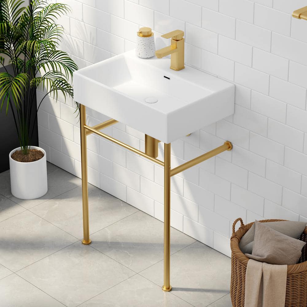 Turner 24 in. Vitreous China White Console Sink Basin and Brushed Gold Stainless Steel Legs Combo with Overflow