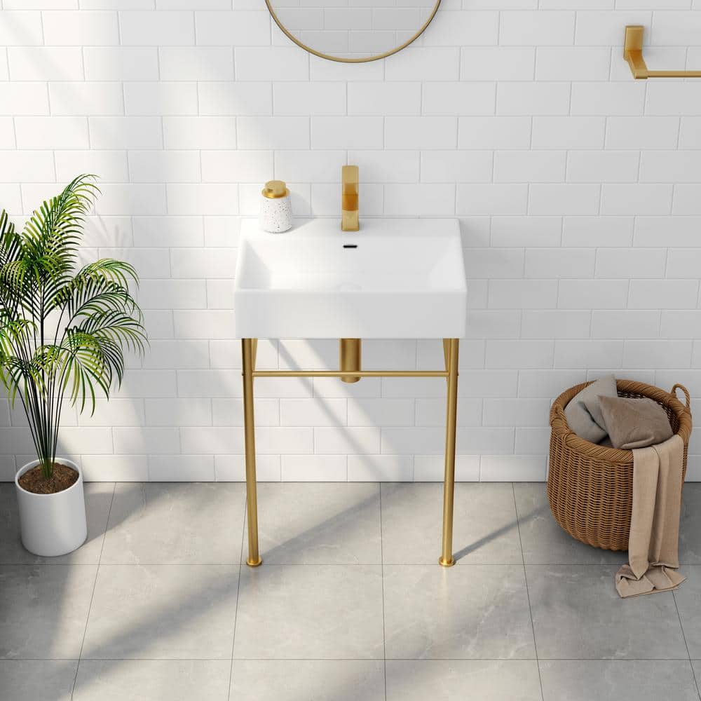 Turner 24 in. Vitreous China White Console Sink Basin and Brushed Gold Stainless Steel Legs Combo with Overflow
