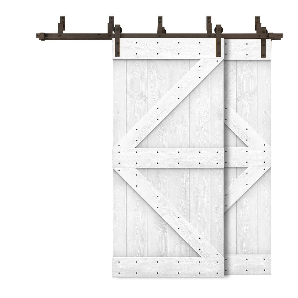 88 in. x 84 in. K Bypass White Stained DIY Solid Wood Interior Double Sliding Barn Door with Hardware Kit