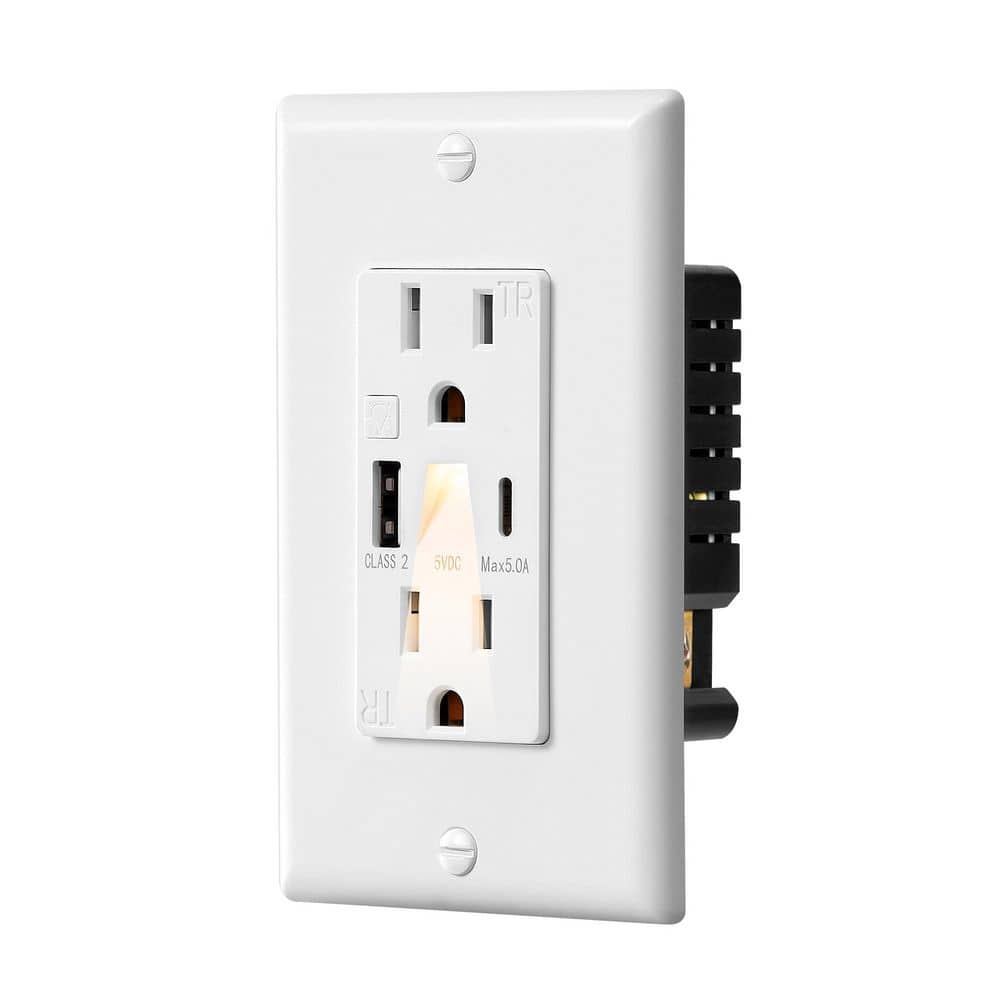 USB Outlet with LED Night Light, Tamper-Resistant USB Wall Outlets with USB-A and USB-C Ports, Wall Plate