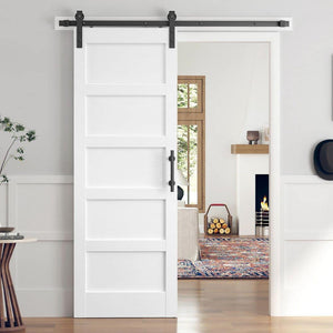 30 in. x 80 in. 5 - Panel Solid MDF White Finished Interior Sliding Barn Door with Hardware Kit - Stu's Home Improvement Outlet