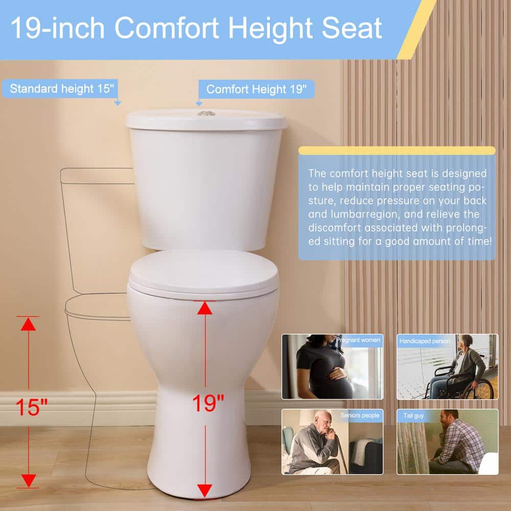 Rear Outlet 2 Piece 1/1.6 GPF Dual Flush Round Toilet in White Soft Closing Seat Included, 19 in Tall Toilet