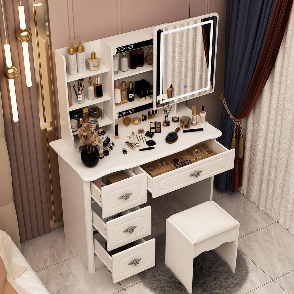 4 - Drawers Push - Pull Mirror White Makeup Vanity Sets Dressing Table Sets With Color Change LED, Stool, 3 - Tier Shelves - Stu's Home Improvement Outlet
