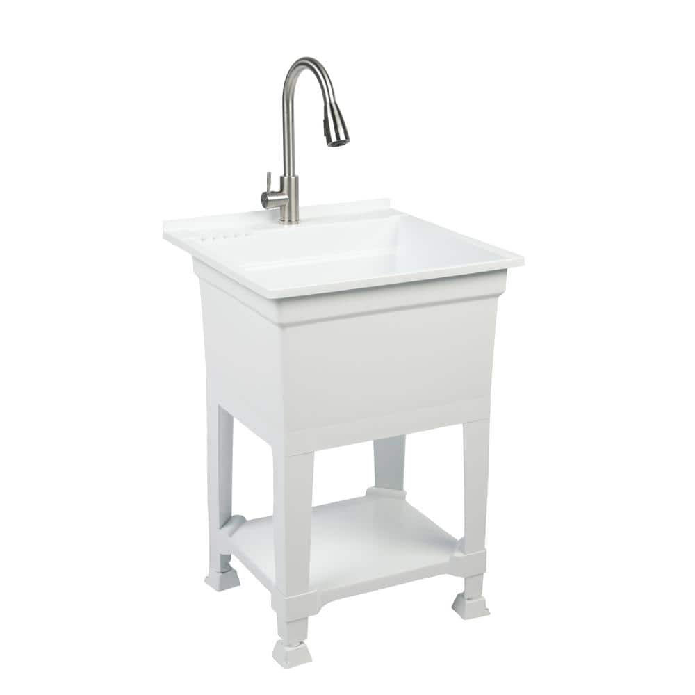 24 in. W x 24 in. D x 35 in. H Freestanding Laundry/Utility Sink in White with Stainless Steel Pull-Out Faucet