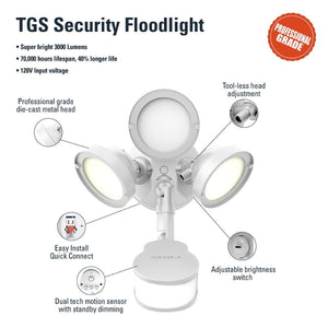 TGS 27 - Watt, White, Motion Activated, Outdoor Integrated LED Flood Light with Round Triple Head, 4000K, 3000 Lumens - Stu's Home Improvement Outlet