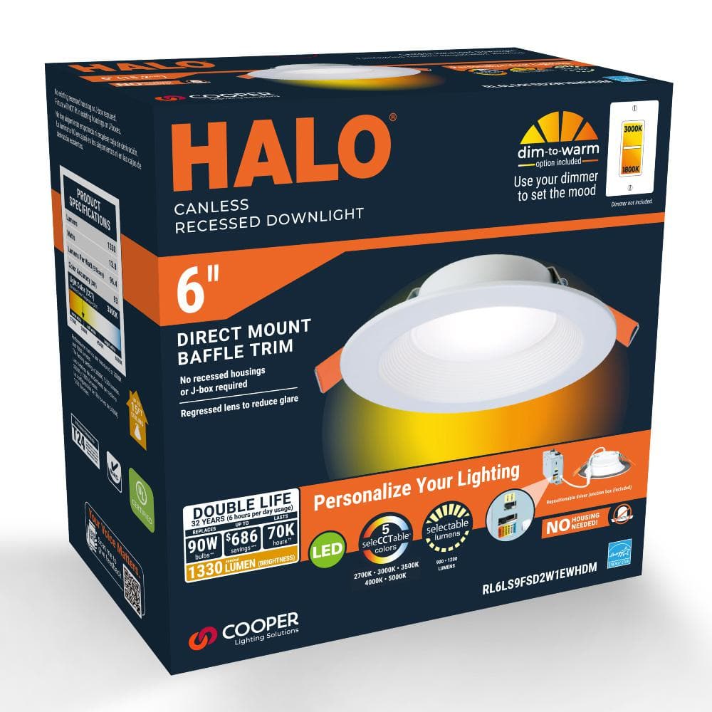 HALO RL 6 in. Canless Recessed LED Downlight, 900/1200lm, 5CCT, D2W, 120V, DM