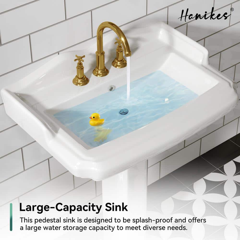 23 in. White Vitreous China Rectangular Pedestal Bathroom Sink With Overflow