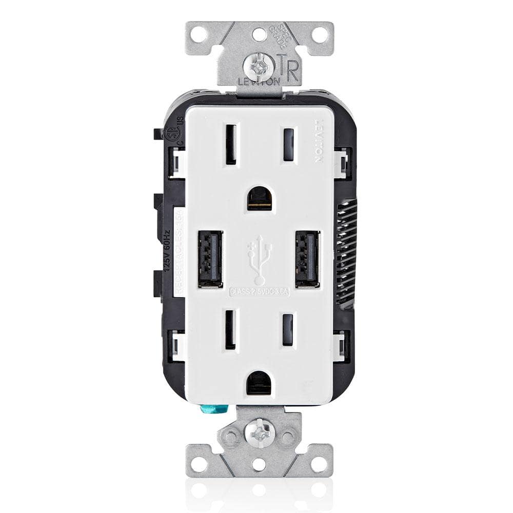 3.6A USB Dual Type A In-Wall Charger with 15 Amp Tamper-Resistant Outlets, White T5632-BW