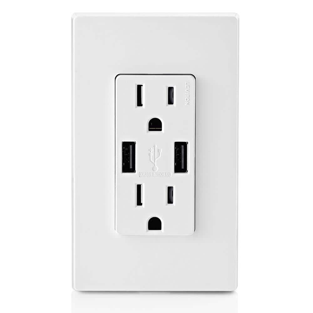 3.6A USB Dual Type A In-Wall Charger with 15 Amp Tamper-Resistant Outlets, White T5632-BW