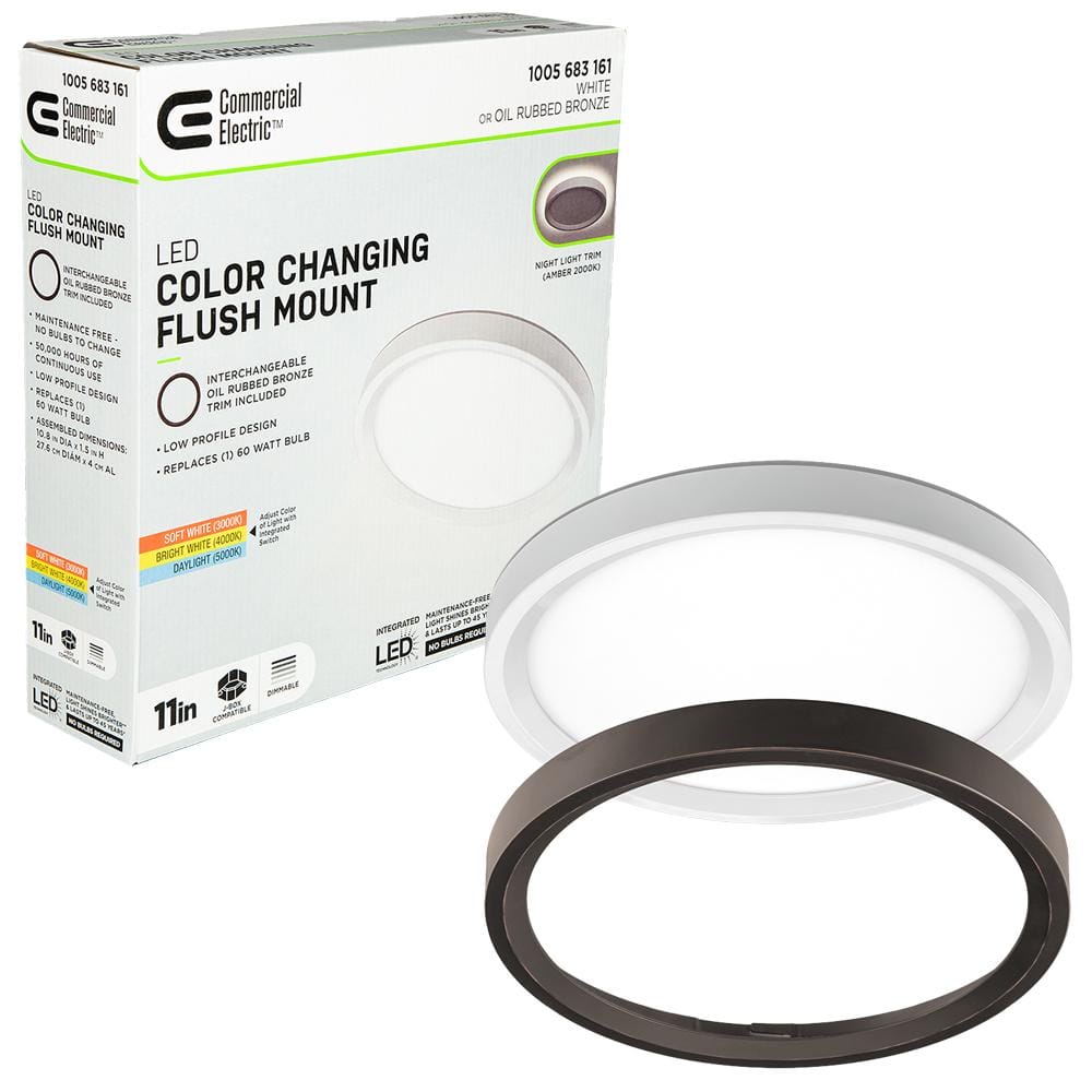 11 in. Color Selectable LED Flush Mount with Night Light Feature Optional White and Oil Rubbed Bronze Trim Rings - Stu's Home Improvement Outlet
