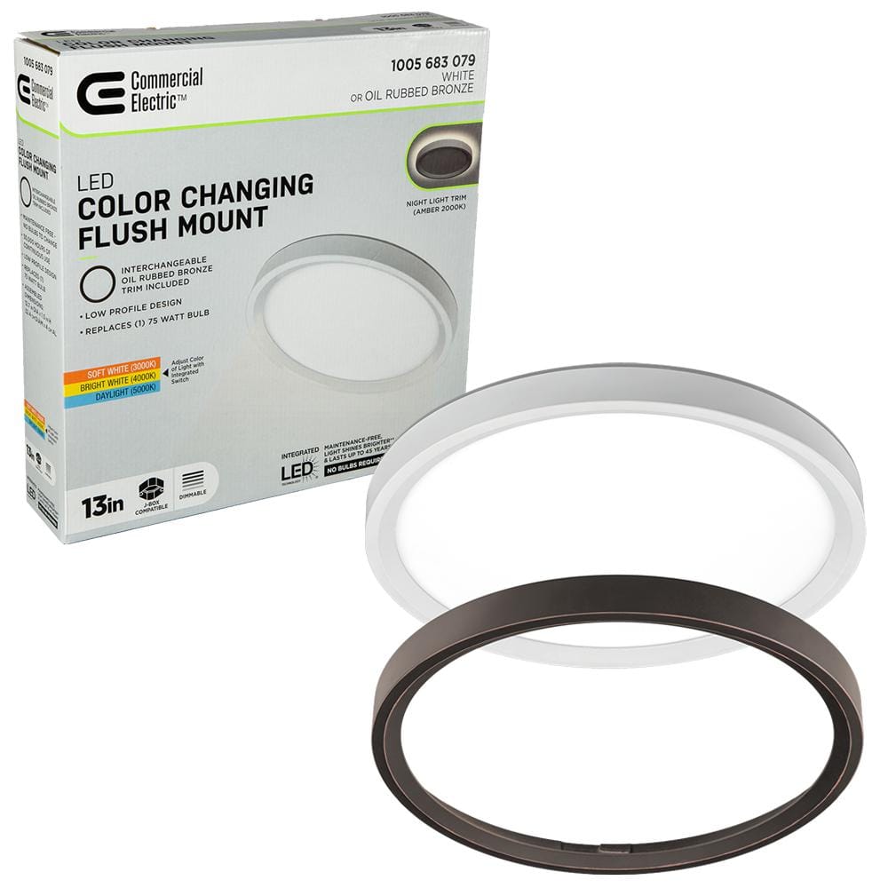 13 in. Color Selectable LED Flush Mount with Night Light Feature Optional White and Oil Rubbed Bronze Trim Rings - Stu's Home Improvement Outlet