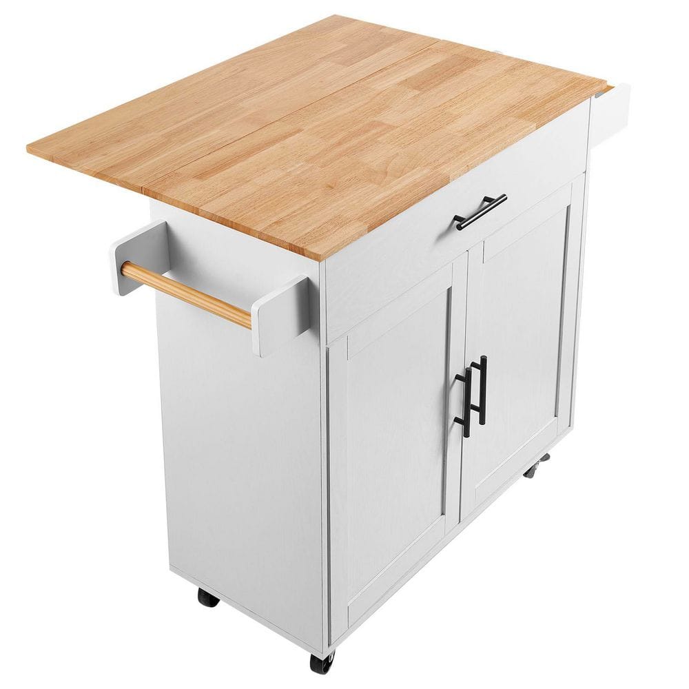 Kitchen Cart with Solid Natural Wood Top, 35.4 in. W Mobile Carts with Storage Cabinet, Rolling Kitchen Table, White